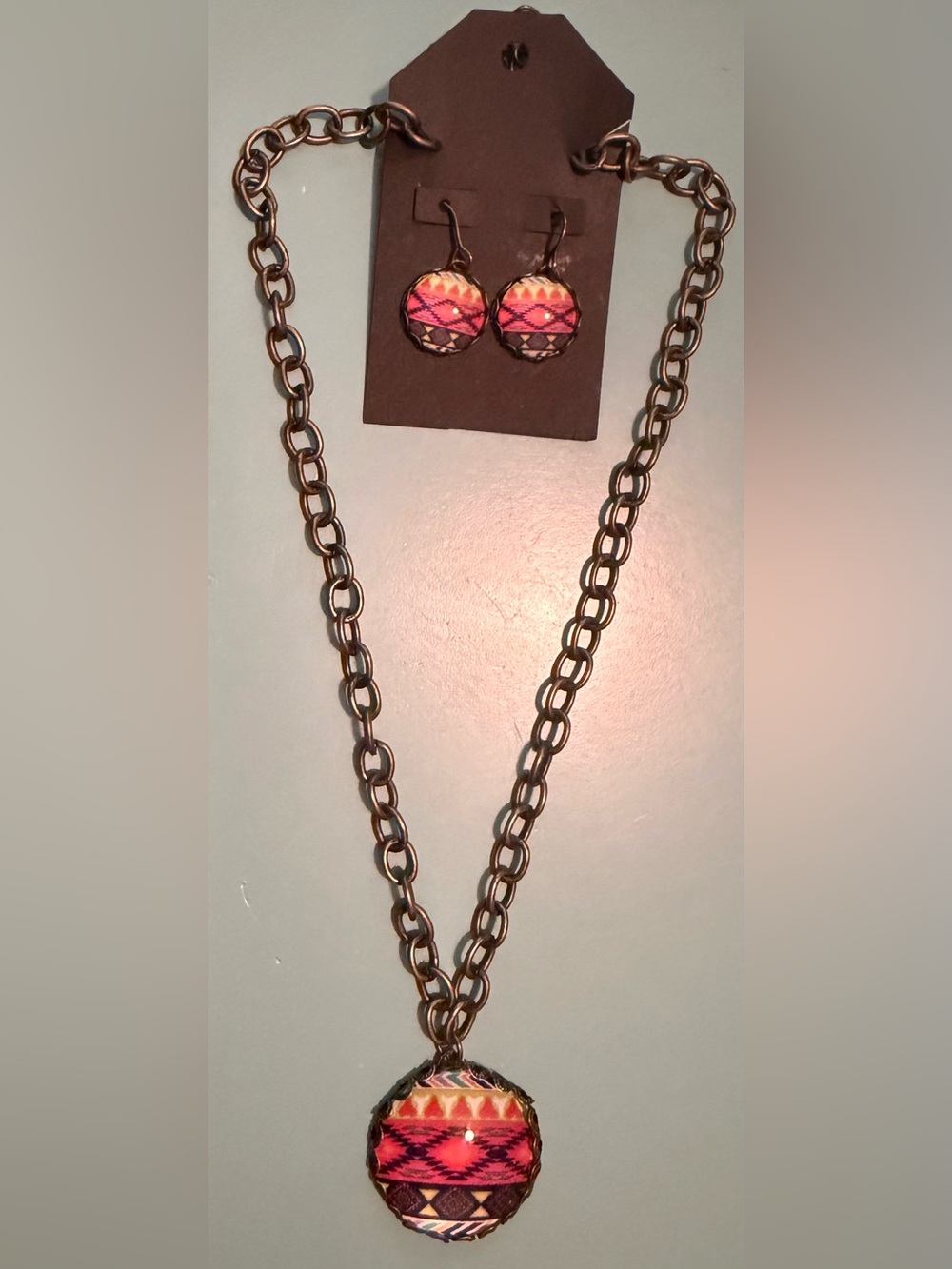Antique Gold Chain Necklace with Pink Aztec Pendant